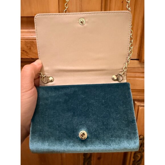 The Limited Blue Teal Velvet Bow Shoulder Purse Bag Dress Party Gold Chain Strap - Picture 3 of 6